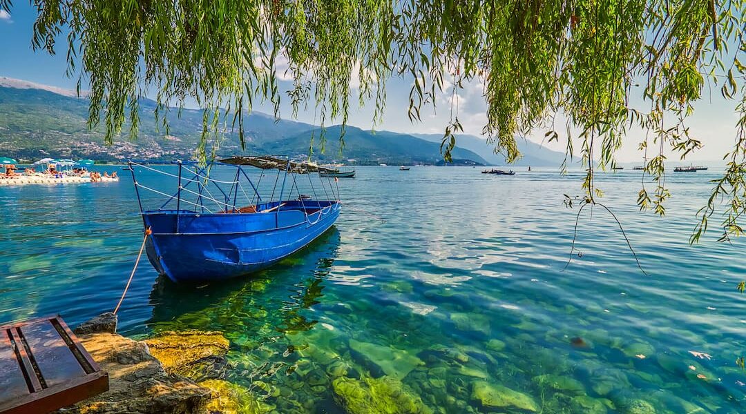 Lake Ohrid in North Macedonia with crystal clear waters and historic town